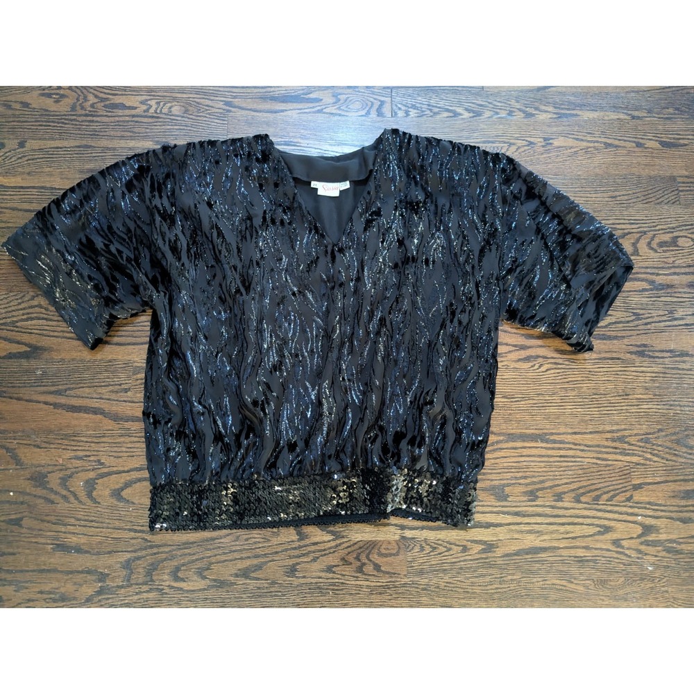 Siasia Vintage 80s Burnout Velvet Black Rayon Made USA Glam Top Size 2x Whimsy